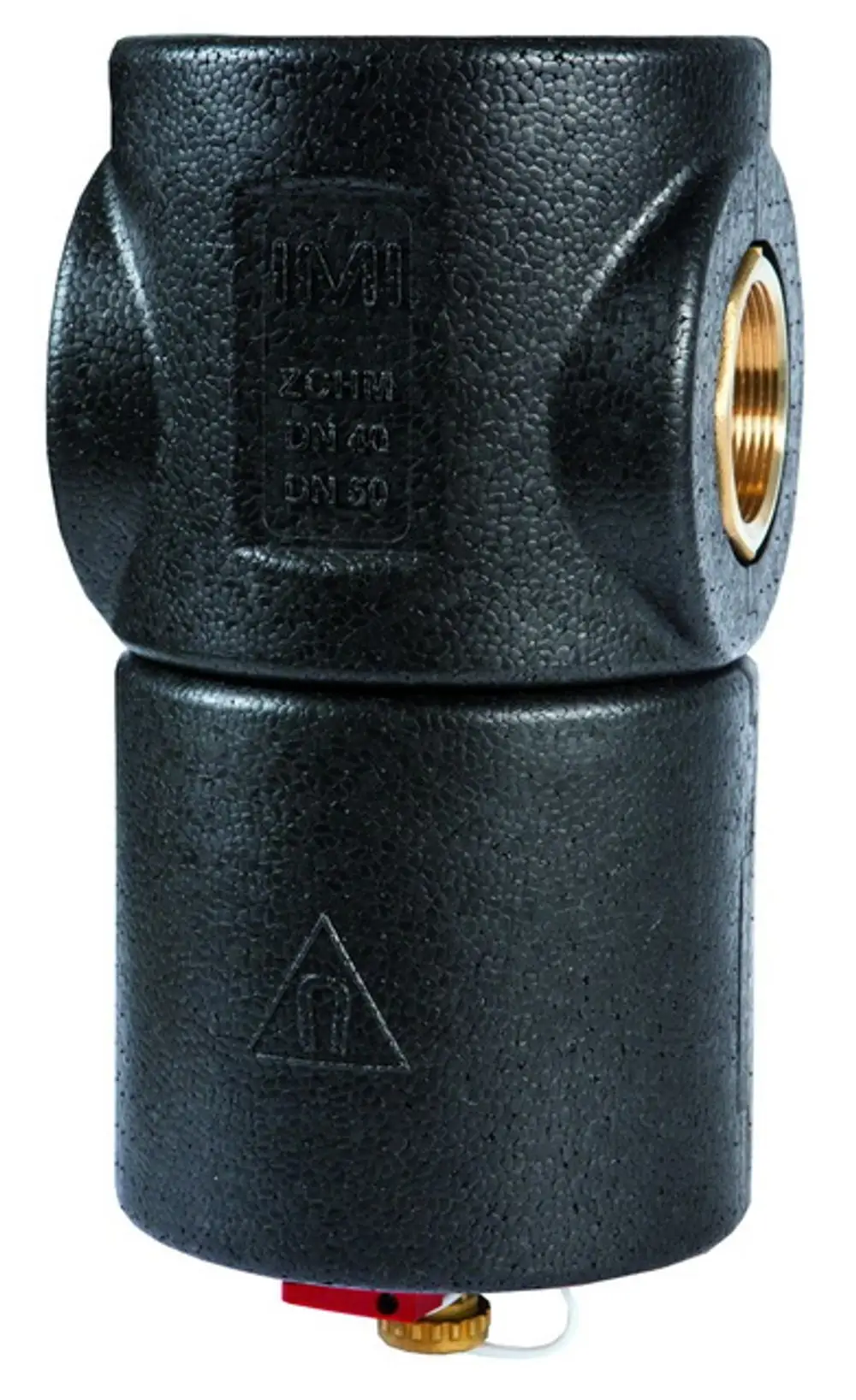 Schwarzes Bauteil mit internes Gewinde und einem roten Ventil. Gekennzeichnet mit IMI und einer Warnsymbol. Verwendung in hydronischen Systemen möglich.